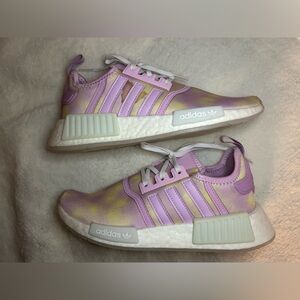Adidas Kids' Pink and Yellow Sneakers Size US 5. Has a stain on the right shoe.